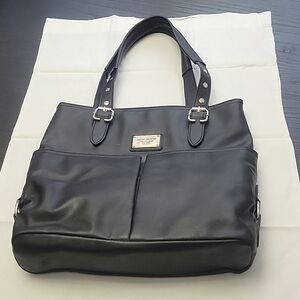 Relic Brand, black leather bag, dimensions are 12.5 × 12.5 x 4".